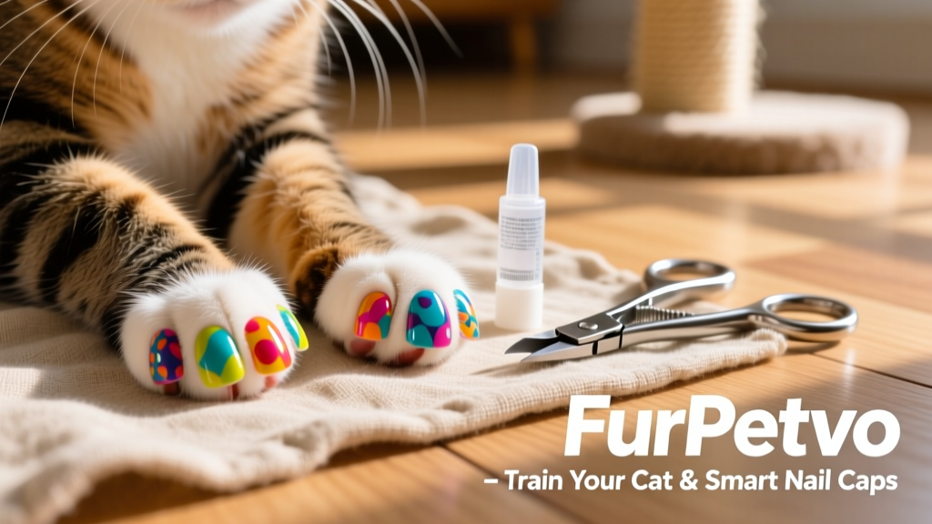 Close-up of colorful FurPetVo nail caps applied to a cat's front paws, next to a small tube of adhesive and a pair of clippers