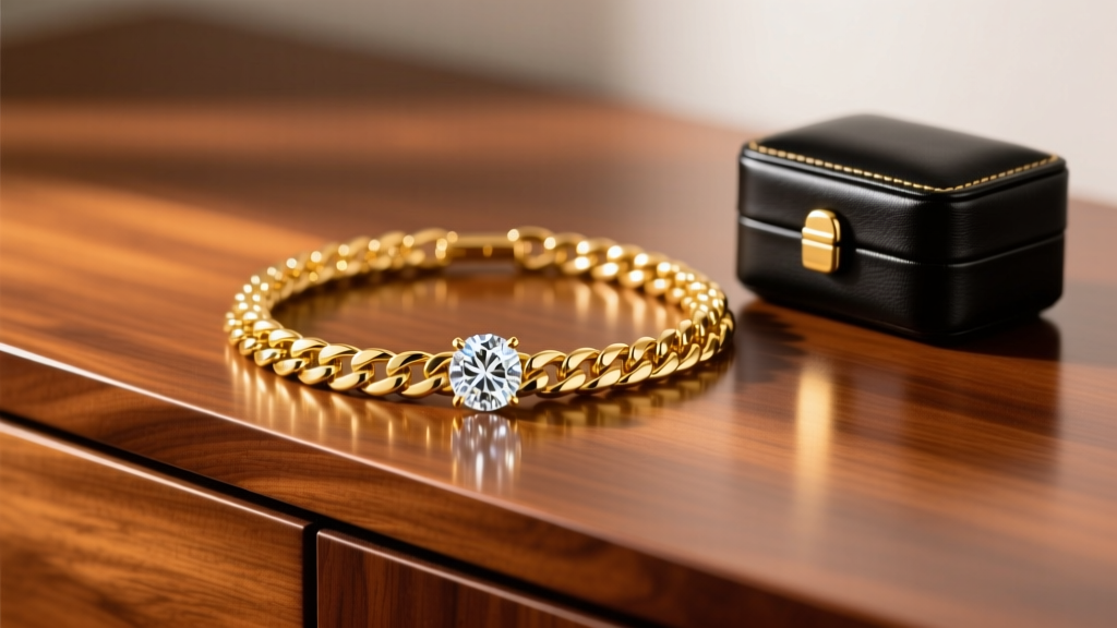 A 14k yellow gold custom Cuban link chain with a moissanite pendant, laid flat on a polished mahogany dresser next to a watch box