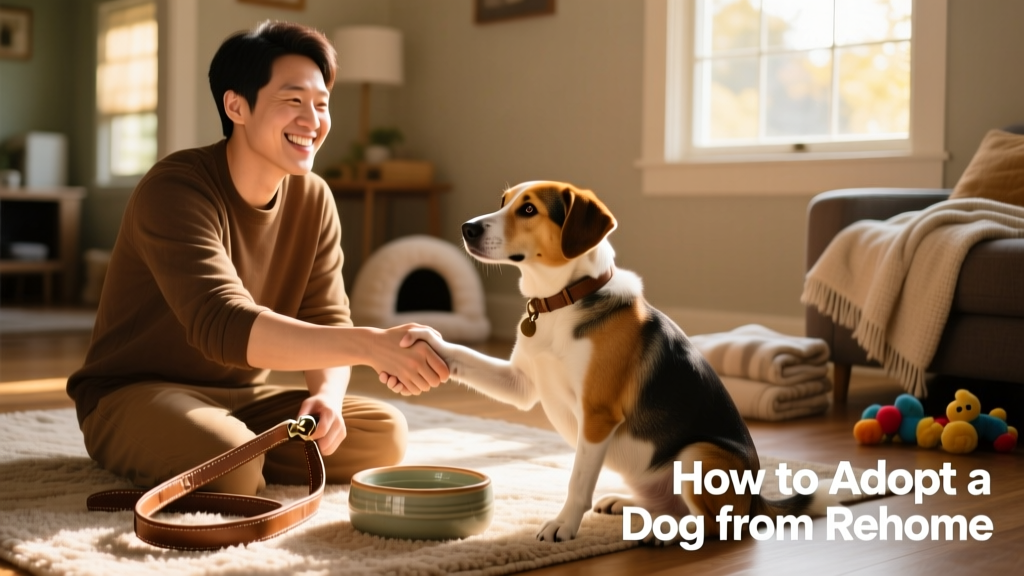 A cheerful adopter and current pet parent shaking hands near a leash and water bowl, with a relaxed dog sitting calmly beside them