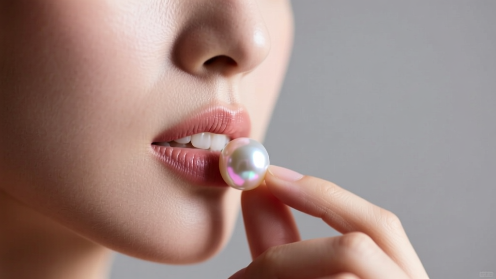 Close-up of a woman gently rubbing a baroque freshwater pearl against her teeth to test the gritty calcium carbonate surface