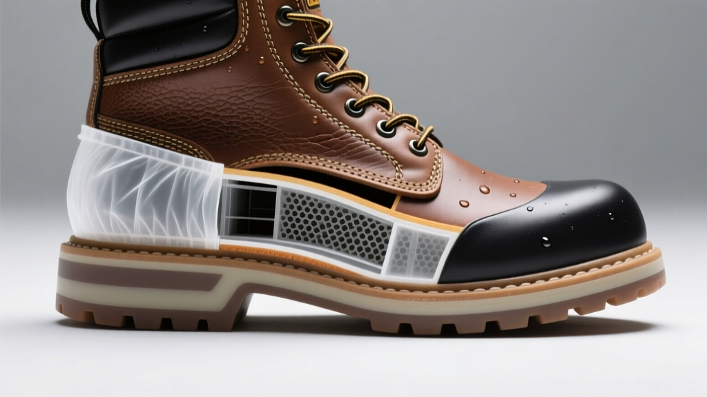 Cross-section of a waterproof work boot showing the ePTFE membrane layer, polyurethane midsole, and DWR-treated leather upper