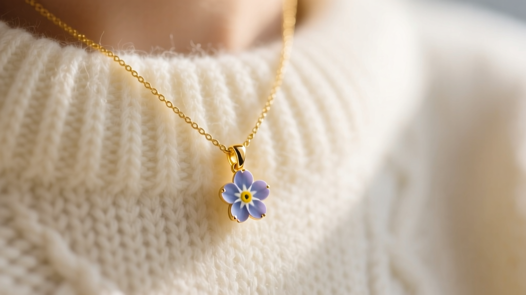 Close-up of a delicate 14k yellow gold necklace with a small forget-me-not flower pendant resting softly on a cream knit sweater