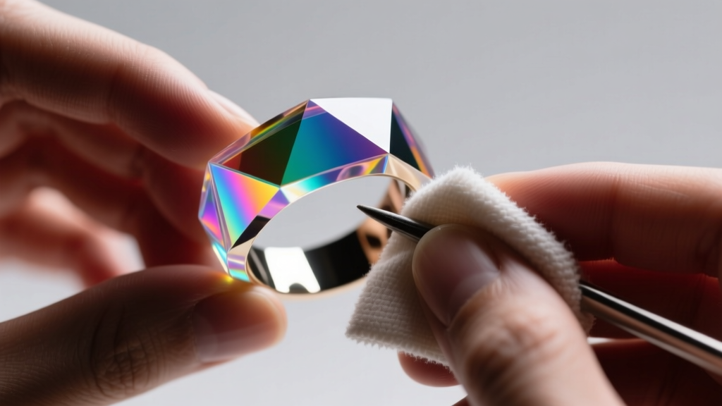 Close-up of hands polishing a thick geometric UV resin ear cuff with a microfiber cloth under bright LED studio lighting setup.