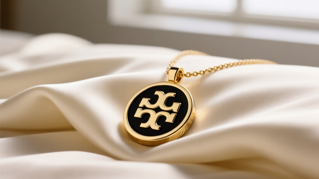A gold-tone Tory Burch necklace pendant with black enamel inlay and the Double T logo, resting on folded beige silk.