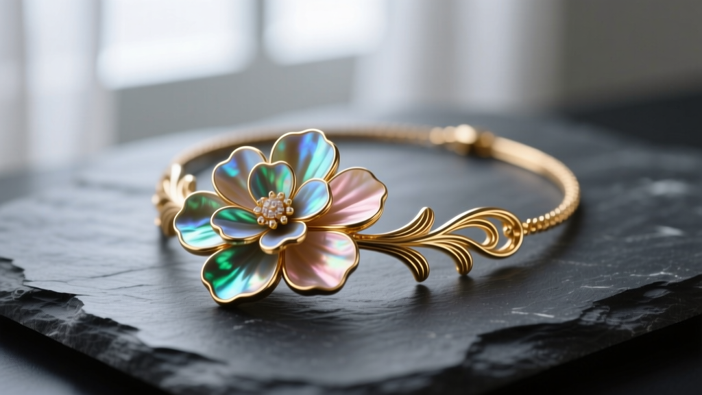 Macro shot of a carved mother-of-pearl seashell flower necklace on dark slate, highlighting iridescent nacre and an 18k gold bezel.