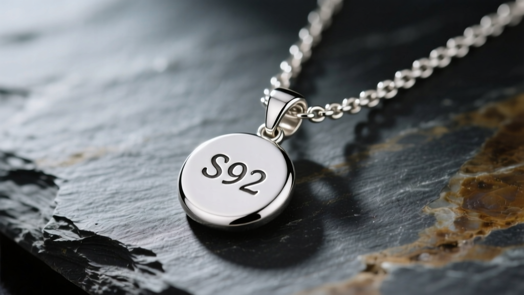Macro shot of an s925 silver pendant on slate, showing the 925 hallmark stamp and polished chain links in soft moody lighting