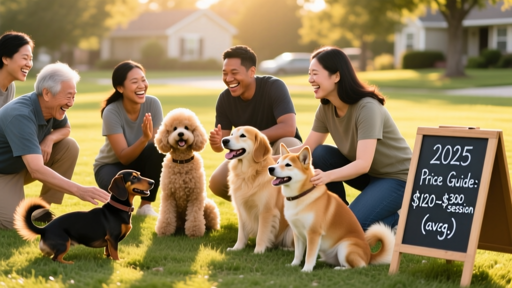 A diverse group of dogs and their owners smiling during a fun, interactive group training session in a grassy community park