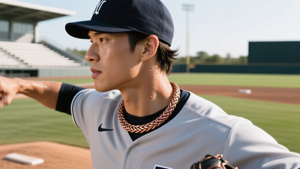 Side profile of a baseball pitcher on the mound with a tucked-in woven copper titanium performance necklace visible at the collar