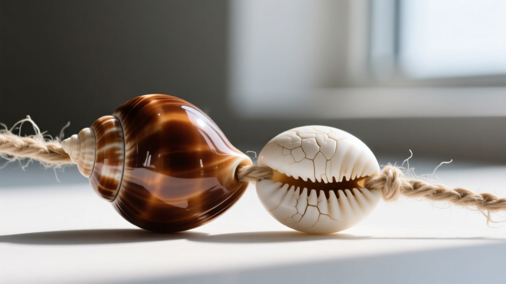 Close-up macro shot comparing a glossy brown cowrie shell bead and a textured white puka shell bead on a waxed cotton jewelry cord