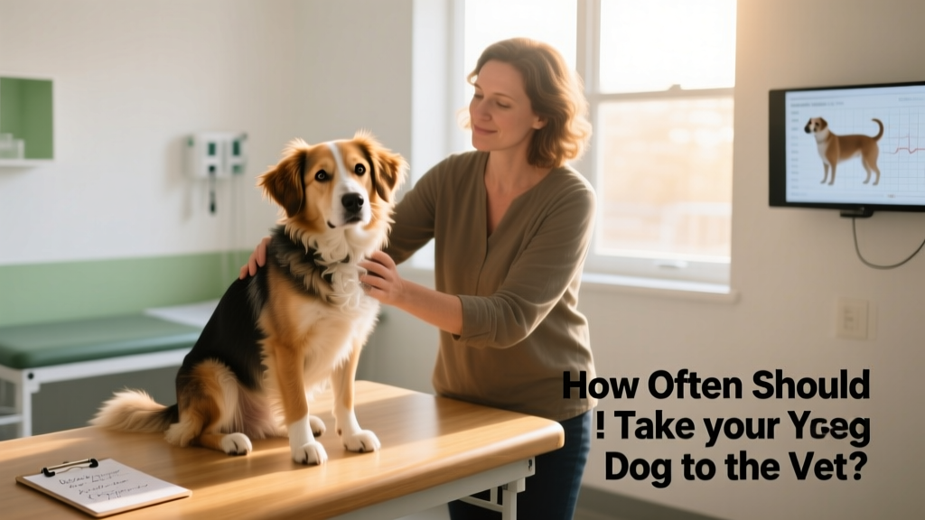 A relaxed adult dog sitting calmly beside its owner during a routine wellness exam