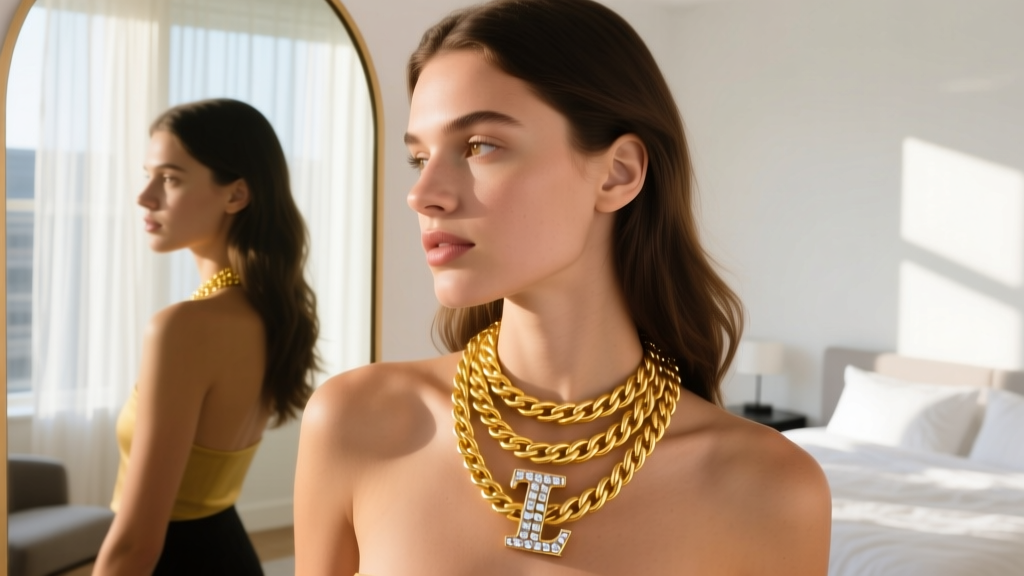 Gen Z woman taking a mirror selfie, showcasing a layered 14K yellow gold rope chain and a chunky diamond-accented initial pendant