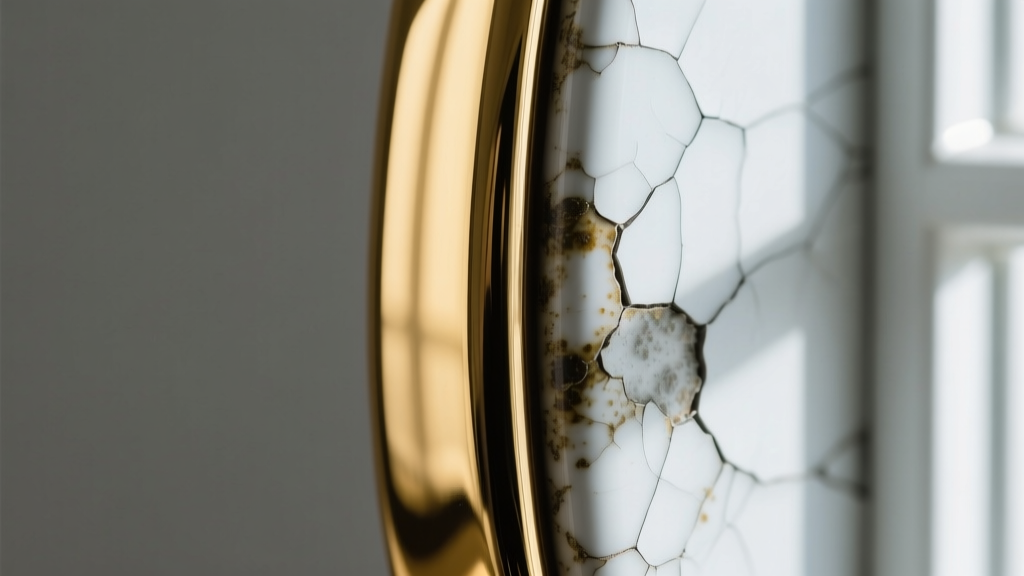 Macro shot comparing pristine gold enamel on left to cloudy degraded cold enamel damaged by harsh household chemicals on right.