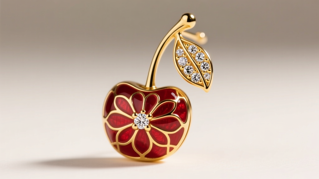 Macro shot of an 18k yellow gold cherry earring with red guilloché enamel and a diamond-pavé leaf under soft studio lighting.
