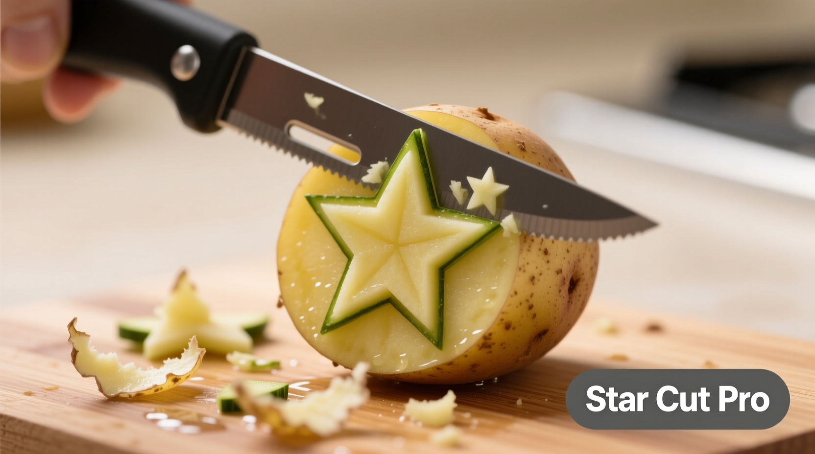 Handheld potato star tool creating star-shaped vegetable cuts