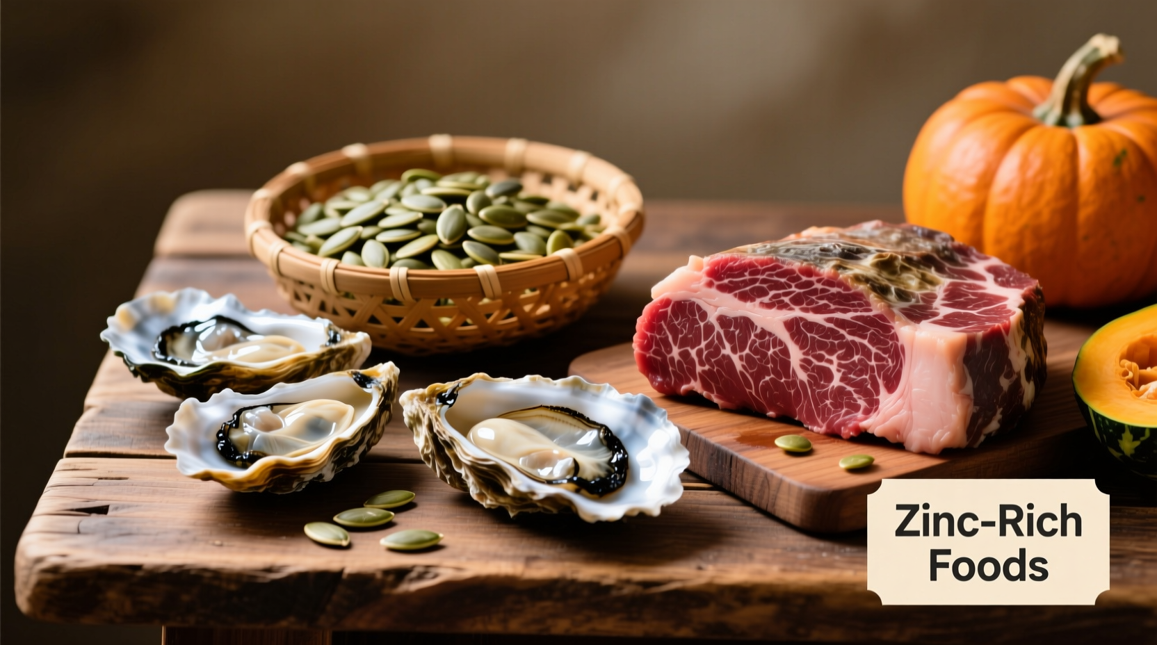 Colorful display of zinc-rich foods including oysters, pumpkin seeds, and beef