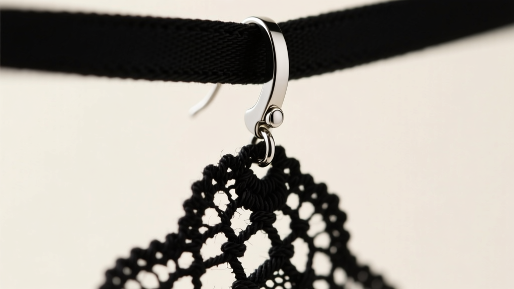 Close-up of an 18-gauge surgical steel leverback clasp attached to a stiffened black cotton fabric lace statement drop earring