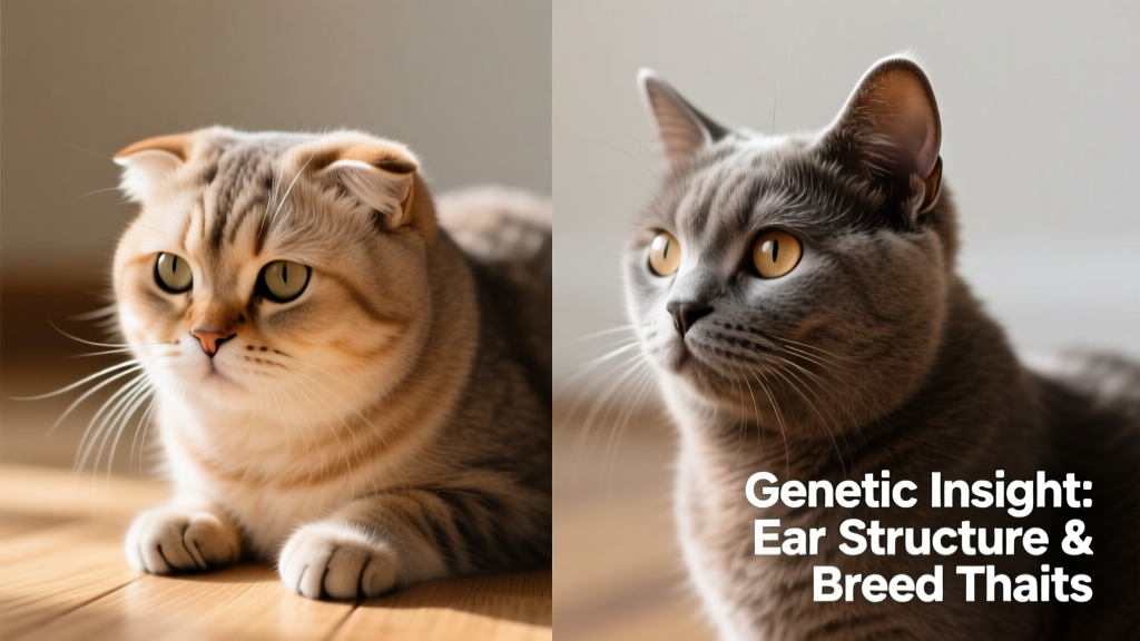 A side-by-side comparison showing the ear structure difference between a Scottish Fold (folded) and a straight-eared British Shorthair (upright), highlighting the genetic distinction