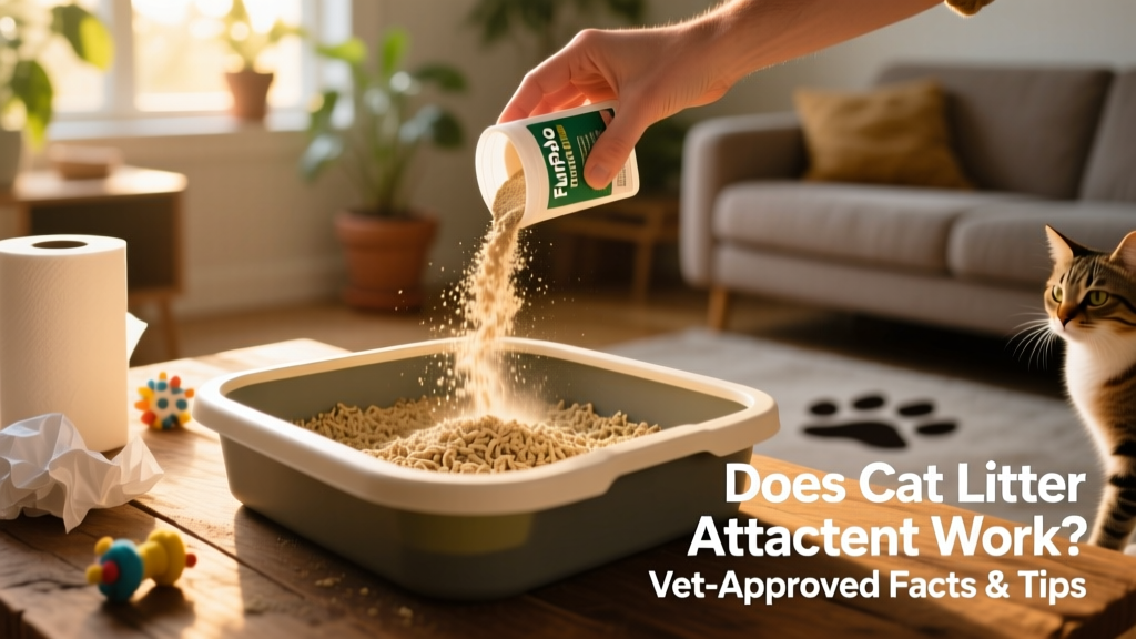 Hand pouring FurPetVo attractant powder into a litter box filled with natural-looking litter