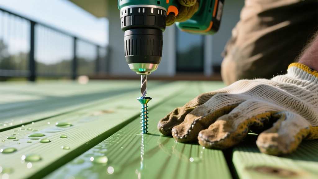 Close-up of ceramic-coated structural wood screws being driven into wet, green-tinted pressure-treated pine decking by a professional carpenter