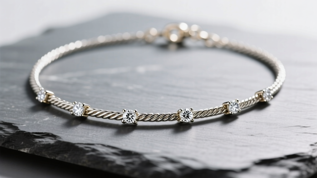 14k white gold station necklace on slate, studio light highlighting the rhodium finish, cable chain, and small diamond stations.