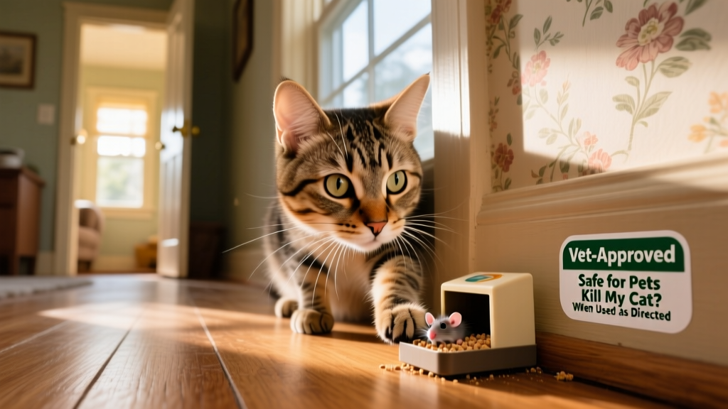 Close-up of a curious indoor cat sniffing near a baseboard where rodent bait might be placed