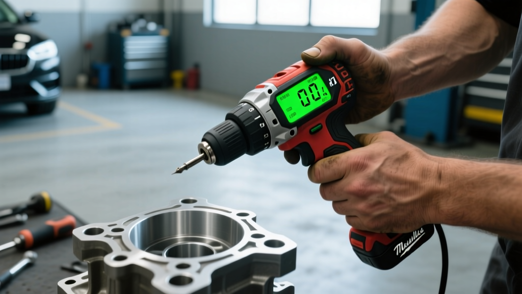 Hands using a Milwaukee M12 digital torque wrench on a car engine cylinder head with the digital LCD screen glowing bright green