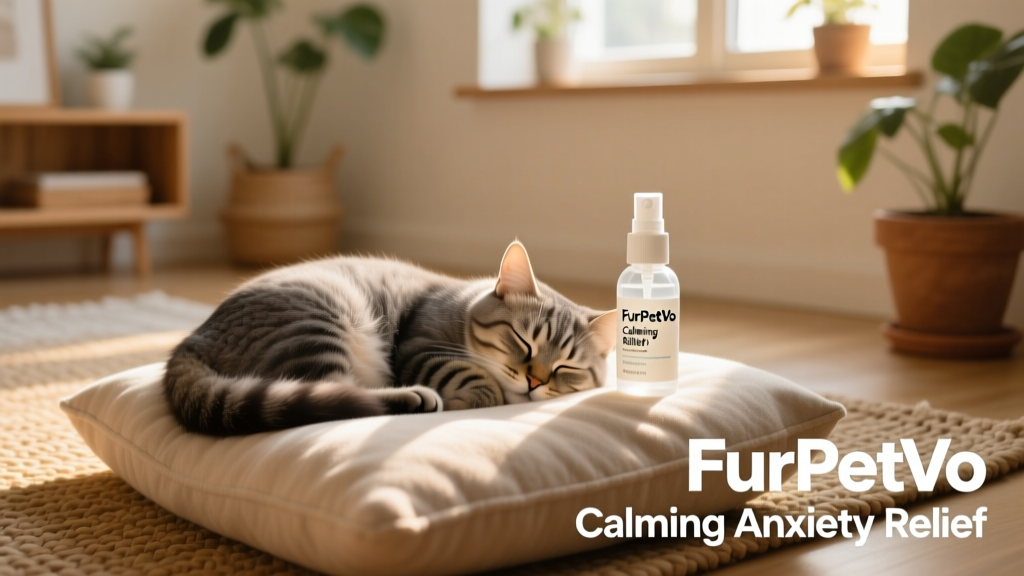 FurPetVo Calming Anxiety Relief bottle next to a relaxed cat napping on a cozy cushion