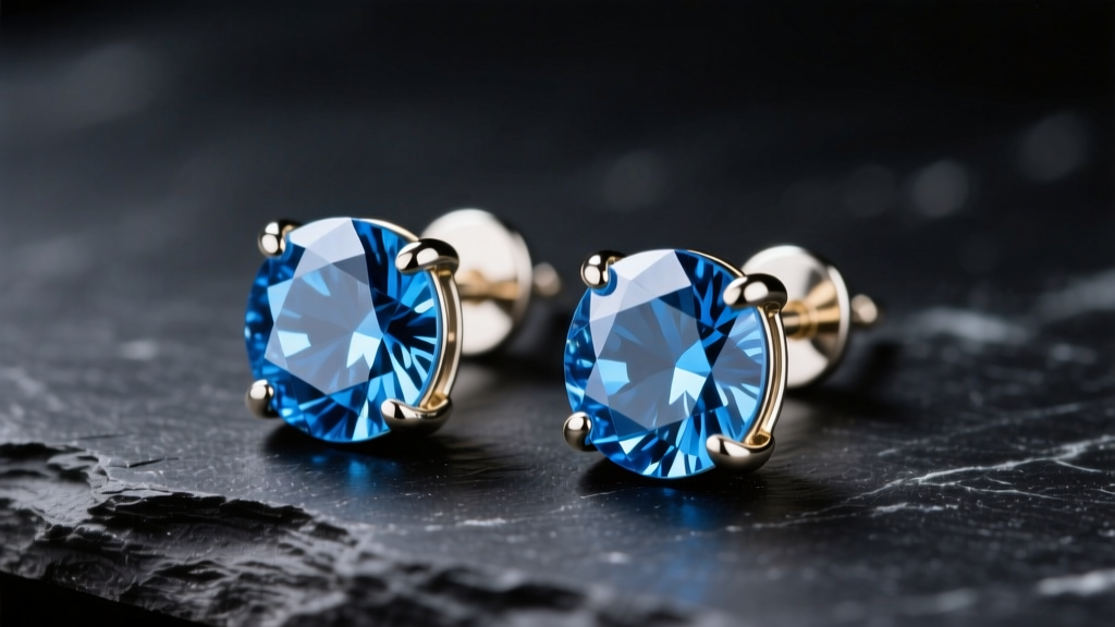 Close-up of London blue topaz stud earrings in 14k white gold prong settings resting on dark slate under soft studio lighting.