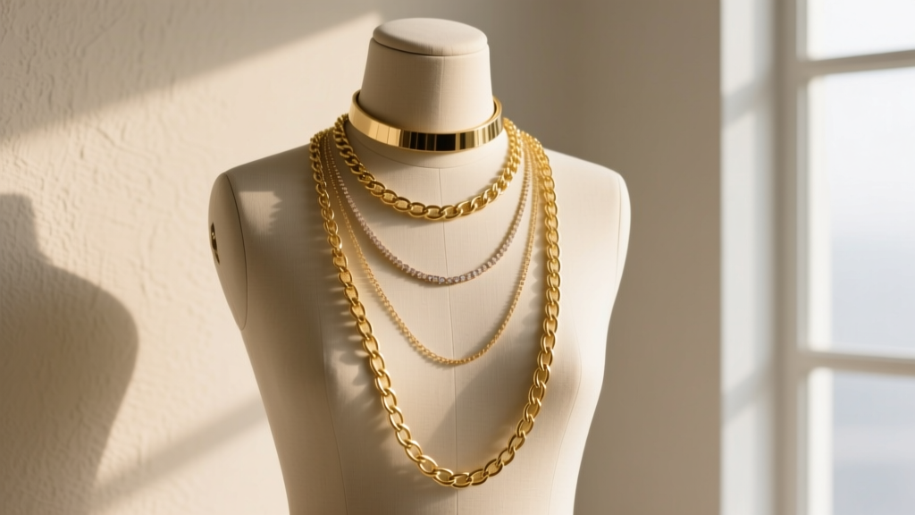 Mannequin displaying layered necklaces: a tight 16-inch choker, an 18-inch princess chain, and a long 24-inch matinee gold chain