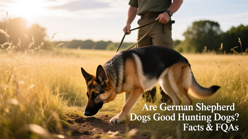 Trainer and German Shepherd practicing scent-tracking in tall grass, dog focused on ground, leash held loosely