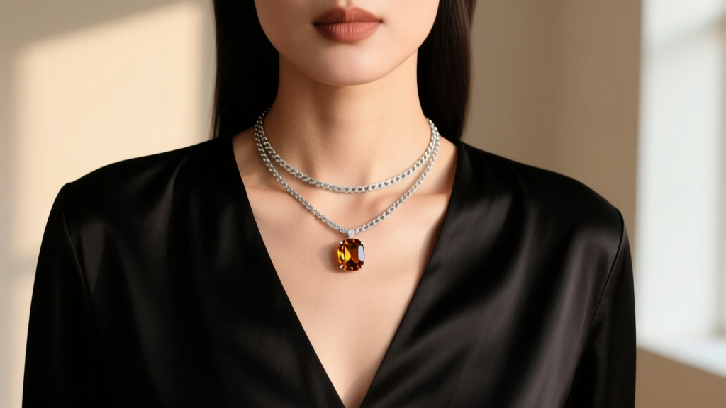 Woman layering a smoky topaz choker and silver chain over a black silk V-neck blouse, shot from collarbone up in soft daylight.