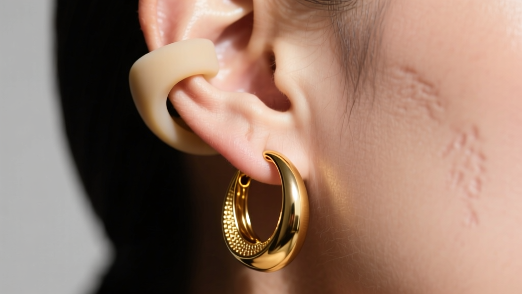 Close-up of an earlobe wearing a heavy gold drop earring secured by a wide silicone backing earring, showing weight distribution