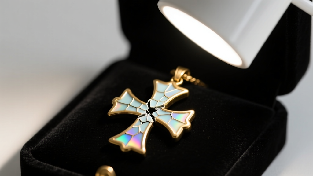A jeweler loupe magnifying the cracked cold enamel on a brass maltese cross pendant, illuminated by a bright LED desk lamp