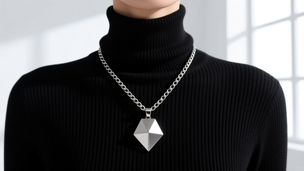 Heavy geometric pendant on a 24-inch oxidized silver box chain resting over a ribbed black cashmere turtleneck in natural daylight.