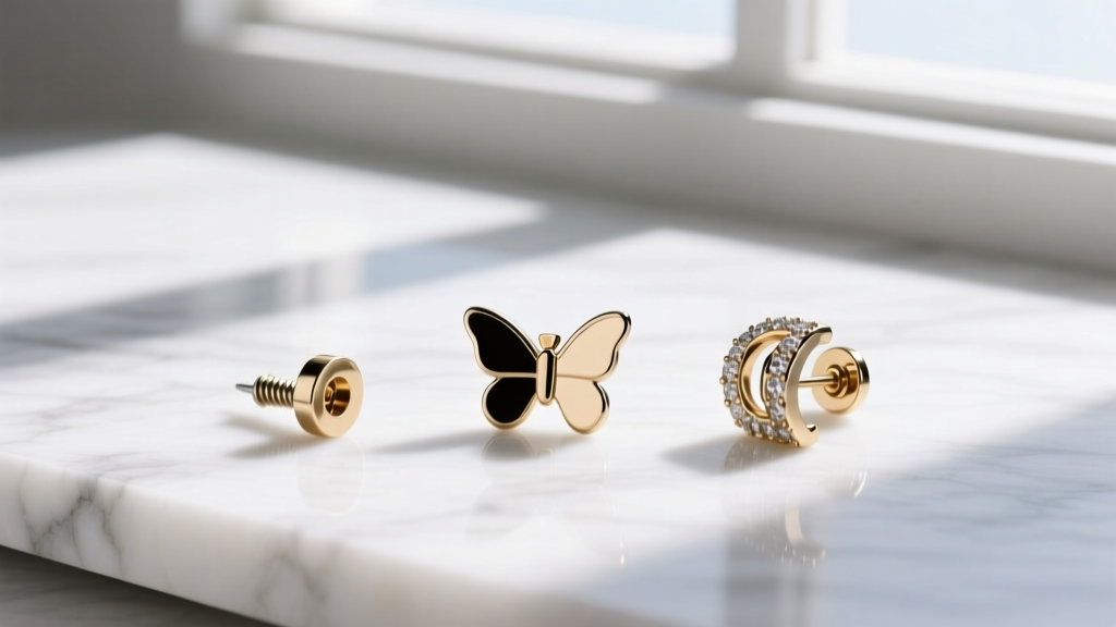 Flat lay of earring backings including a screw back, friction butterfly, and locking La Pousette back on a white marble surface.