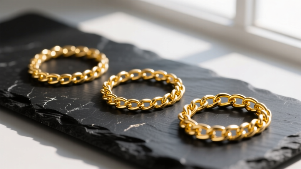 Macro shot of three tiny gold chains showing subtle color differences between 14K and 18K yellow gold on a dark slate surface.