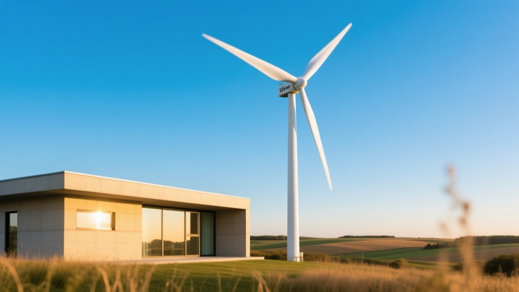 Freestanding 10kW wind turbine with white fiberglass blades spinning against a clear blue sky next to a modern farmhouse