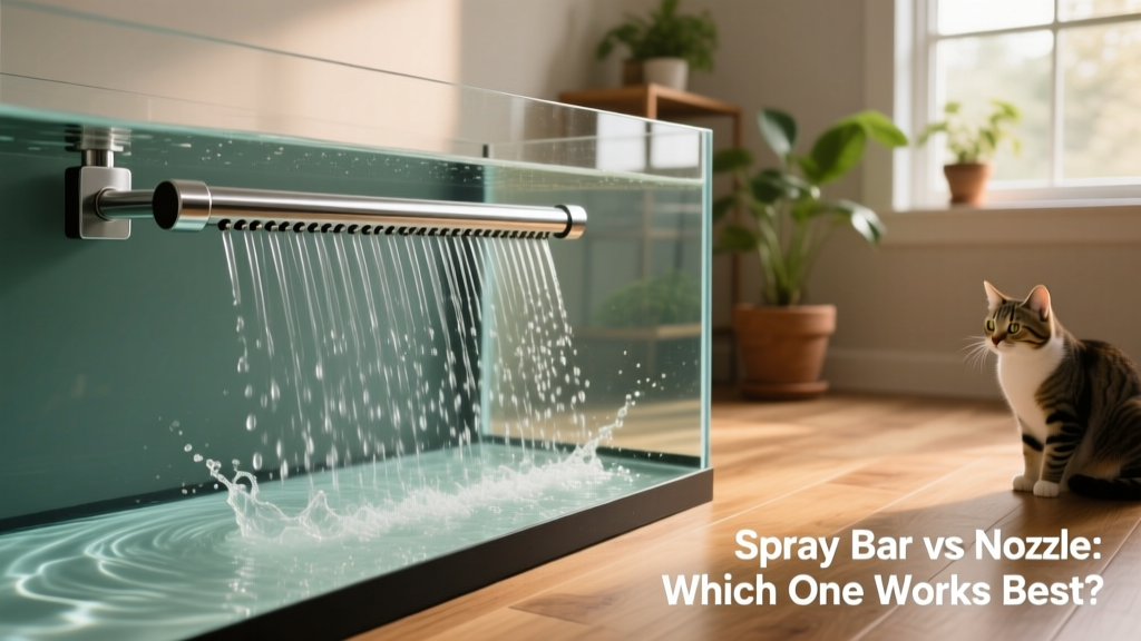 Spray bar installed horizontally near the water surface, emitting gentle, even streams across the tank width