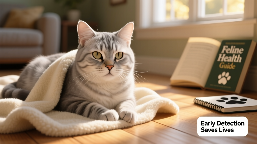 Close-up of a senior cat resting peacefully on a soft blanket, illustrating the importance of vigilant health monitoring in aging felines