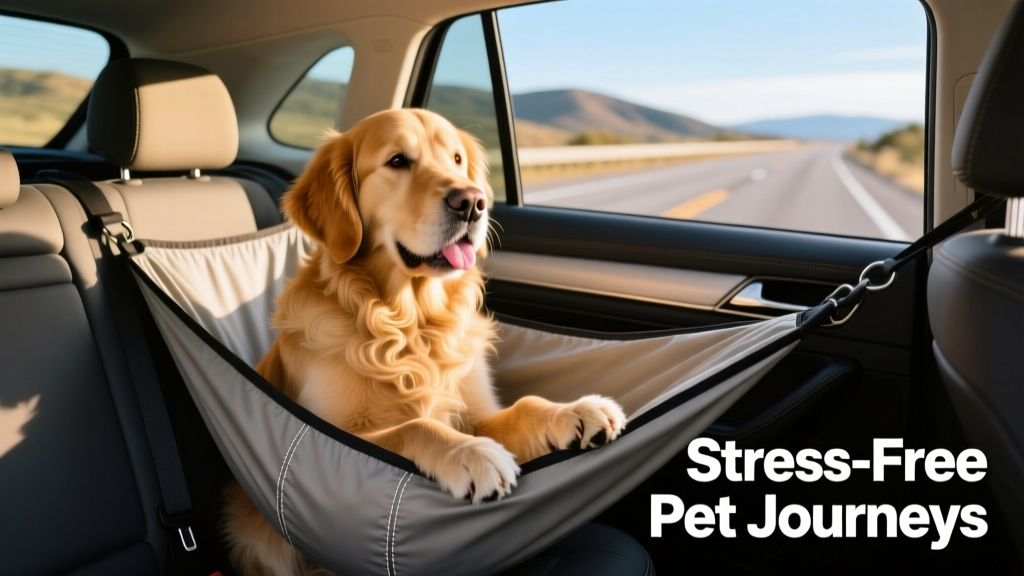 A dog comfortably seated in a car using a waterproof hammock seat cover, looking relaxed with paws resting on the barrier