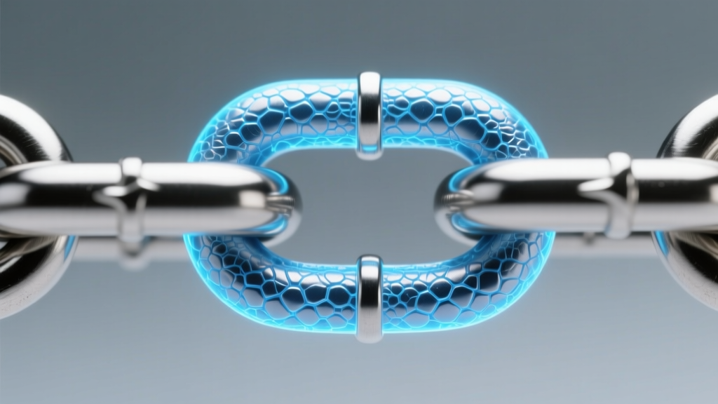 Close-up of a 316L steel chain link under a microscope, featuring a glowing blue digital overlay of the chromium oxide layer.