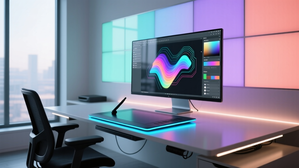 A modern digital artist workspace featuring a glowing drawing tablet, color-calibrated monitor, and RGB background lighting in 2026