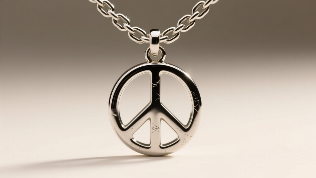 Macro shot of a steel chain passing through a bail on a peace sign pendant, showing metal textures under soft studio lighting
