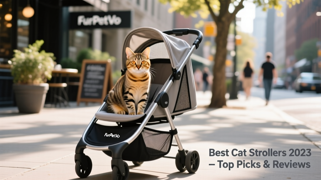 A tabby cat sitting calmly inside a stylish, open-top FurPetVo stroller on a sunny sidewalk