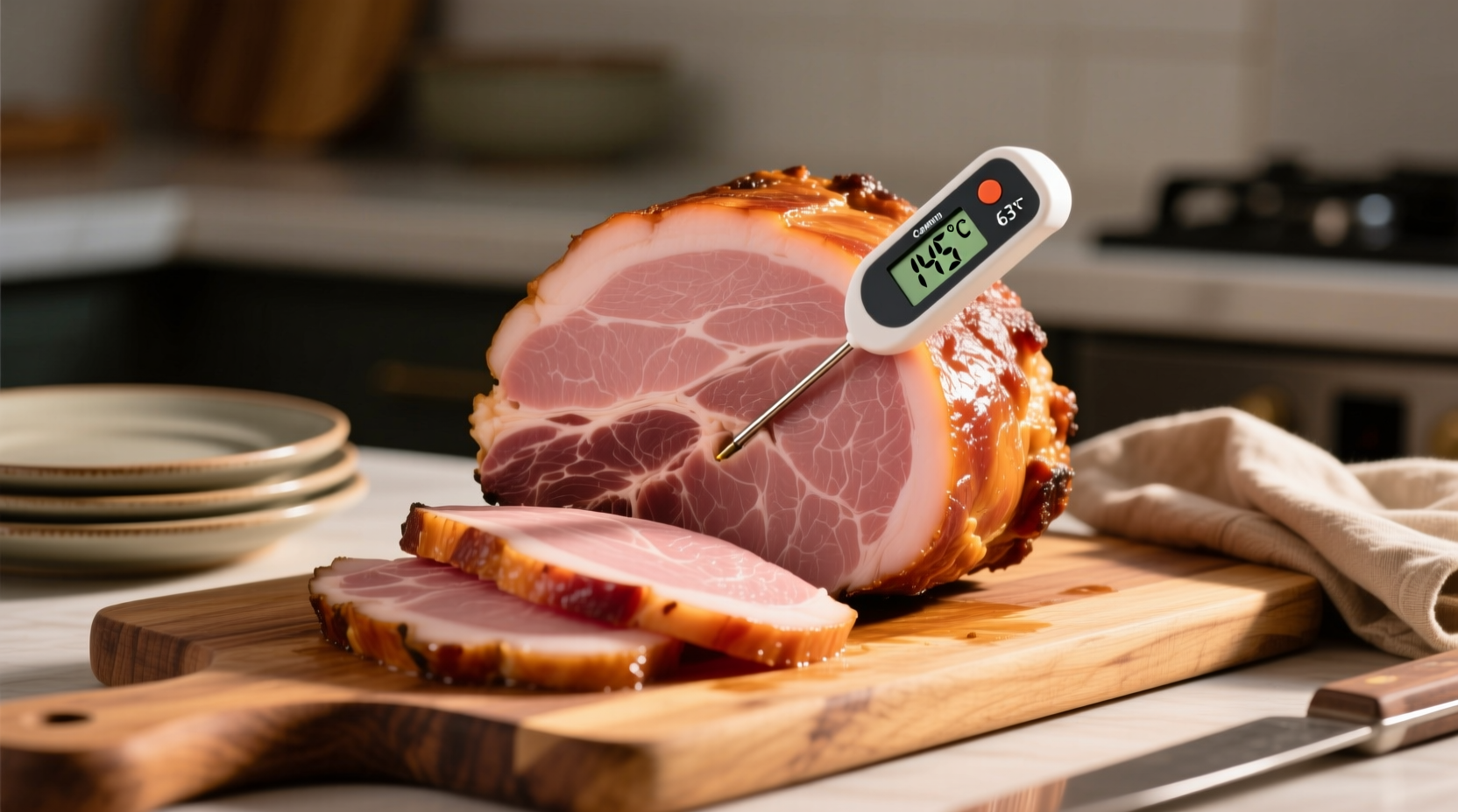 Perfectly cooked raw ham with internal temperature reading