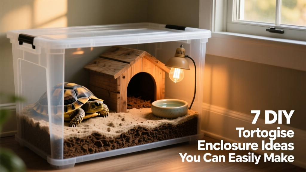 A clean, well-ventilated plastic storage bin converted into a tortoise enclosure with substrate, hide box, and basking lamp