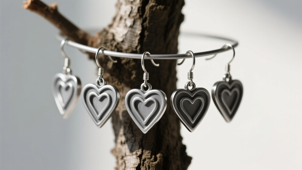 Raw cast tree featuring heart-shaped earring pendants before polish, displaying sprue attachments and a matte grey metal texture.