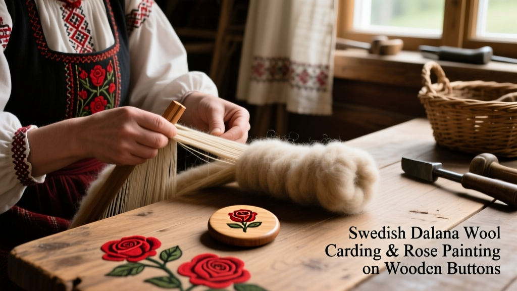 Swedish Dalarna Wool Carding And Rose Painting On Wooden Buttons