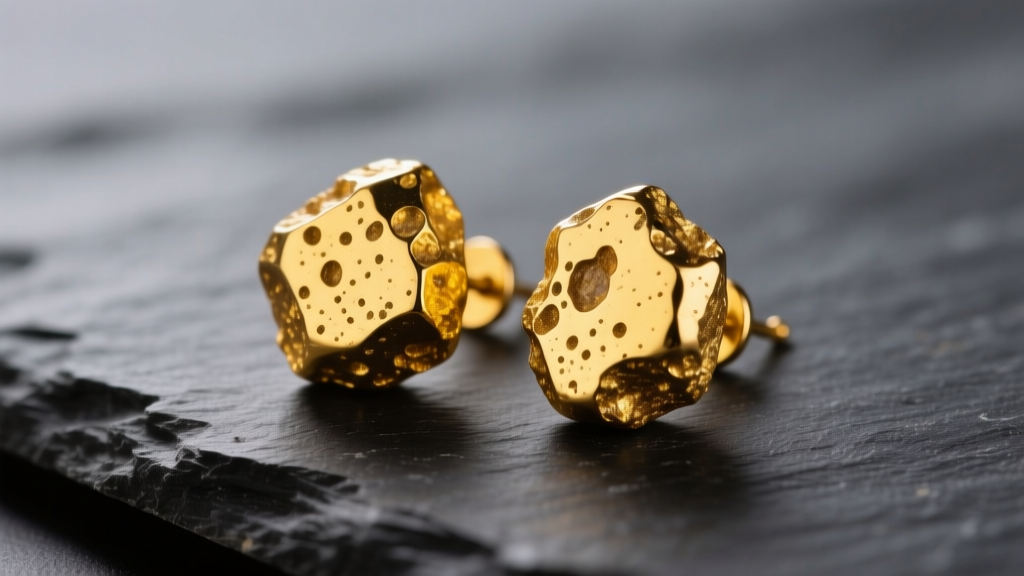 Raw Texas gold nugget earrings on dark slate, showing natural pitting and warm yellow hue under soft studio lighting.