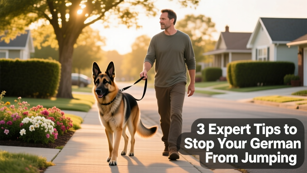 German Shepherd walking politely beside owner on a loose leash during a neighborhood walk